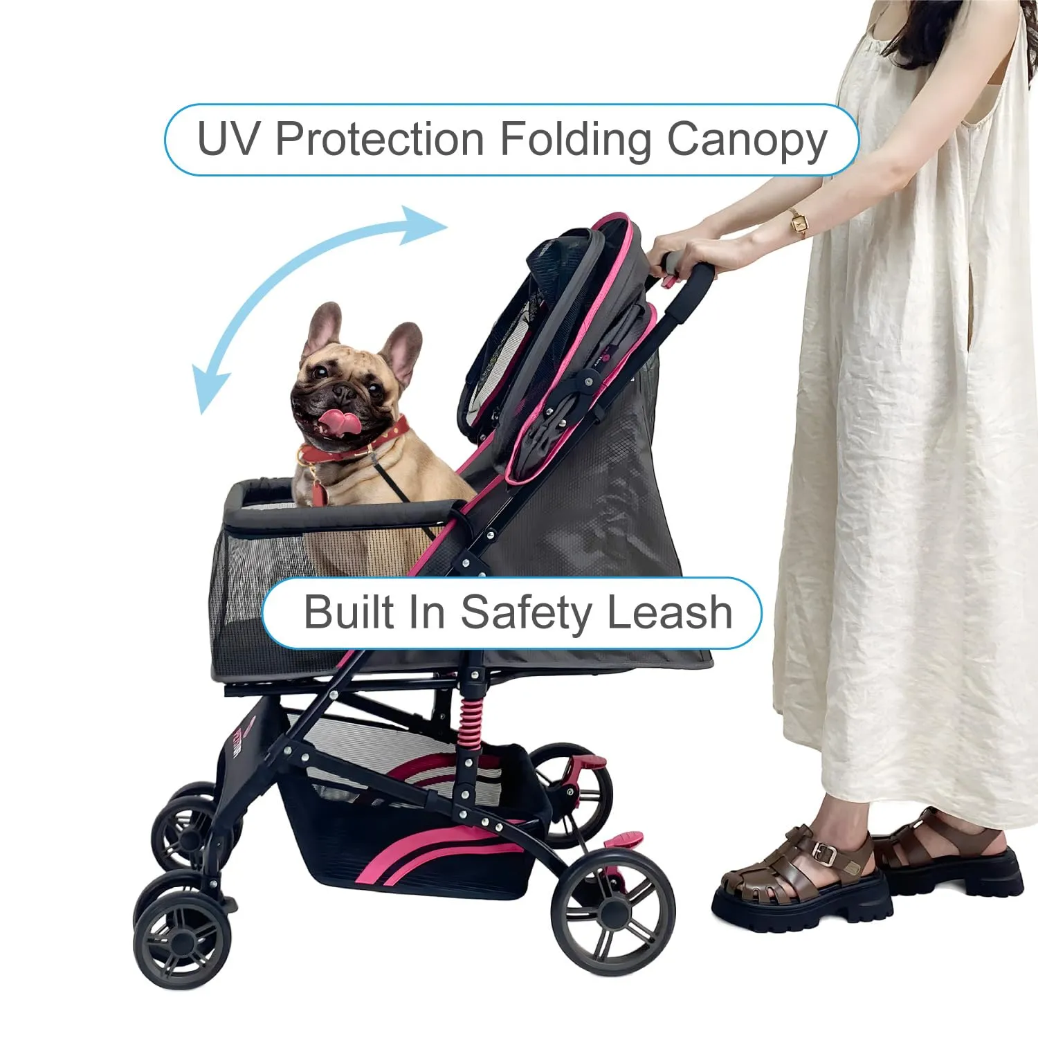 27.2 Buddy Buggies Foldable Pet Stroller - Shock Absorbing Frame with Storage - Machine Washable Fabric - Durable Mesh & UV Protected Retractable Canopy - Cat & Dog Stroller Up to 60lb