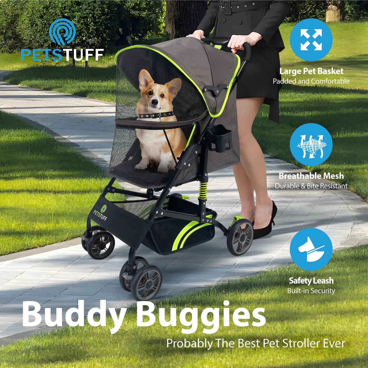 27.2 Buddy Buggies Foldable Pet Stroller - Shock Absorbing Frame with Storage - Machine Washable Fabric - Durable Mesh & UV Protected Retractable Canopy - Cat & Dog Stroller Up to 60lb