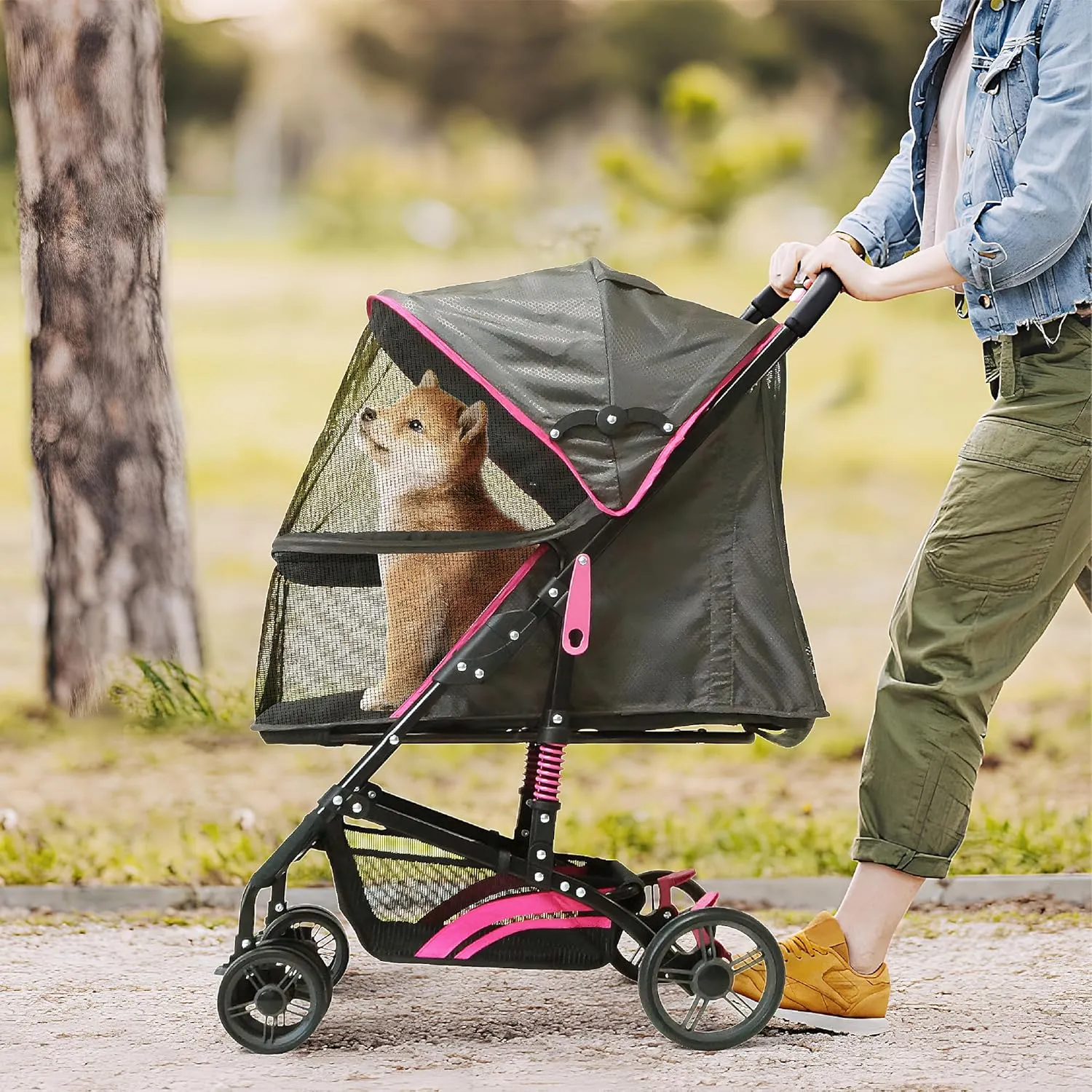 27.2 Buddy Buggies Foldable Pet Stroller - Shock Absorbing Frame with Storage - Machine Washable Fabric - Durable Mesh & UV Protected Retractable Canopy - Cat & Dog Stroller Up to 60lb