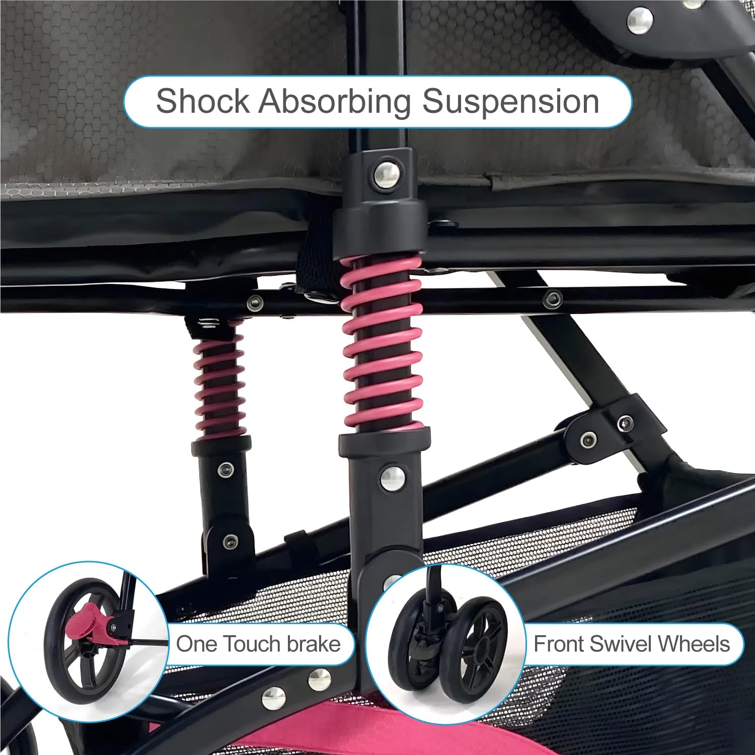 27.2 Buddy Buggies Foldable Pet Stroller - Shock Absorbing Frame with Storage - Machine Washable Fabric - Durable Mesh & UV Protected Retractable Canopy - Cat & Dog Stroller Up to 60lb