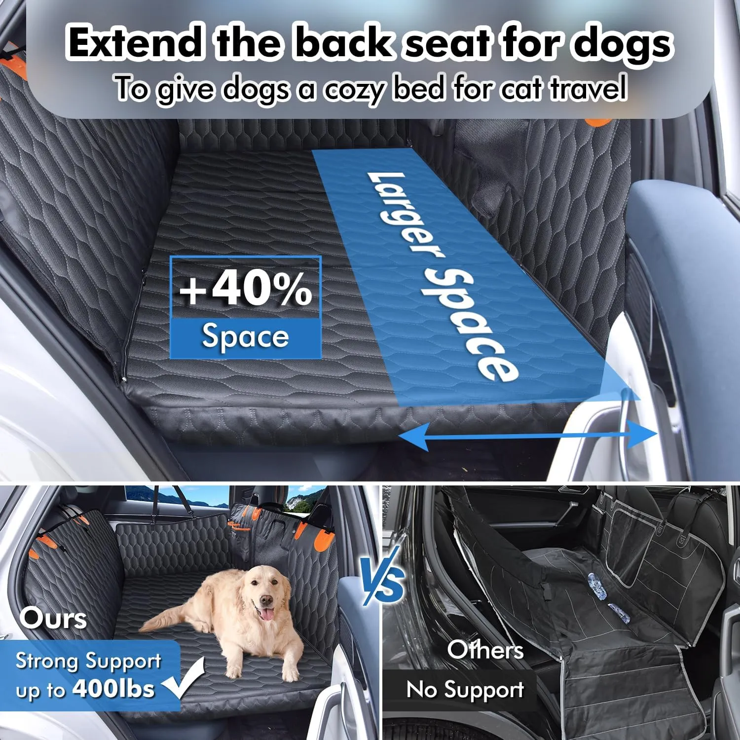 3-in-1 Convertible Dog Car Seat Extender & Booster Seat  400lb Capacity, Waterproof 600D Oxford with Hard Bottom, Scratch-Proof Hammock for Cars & SUVs