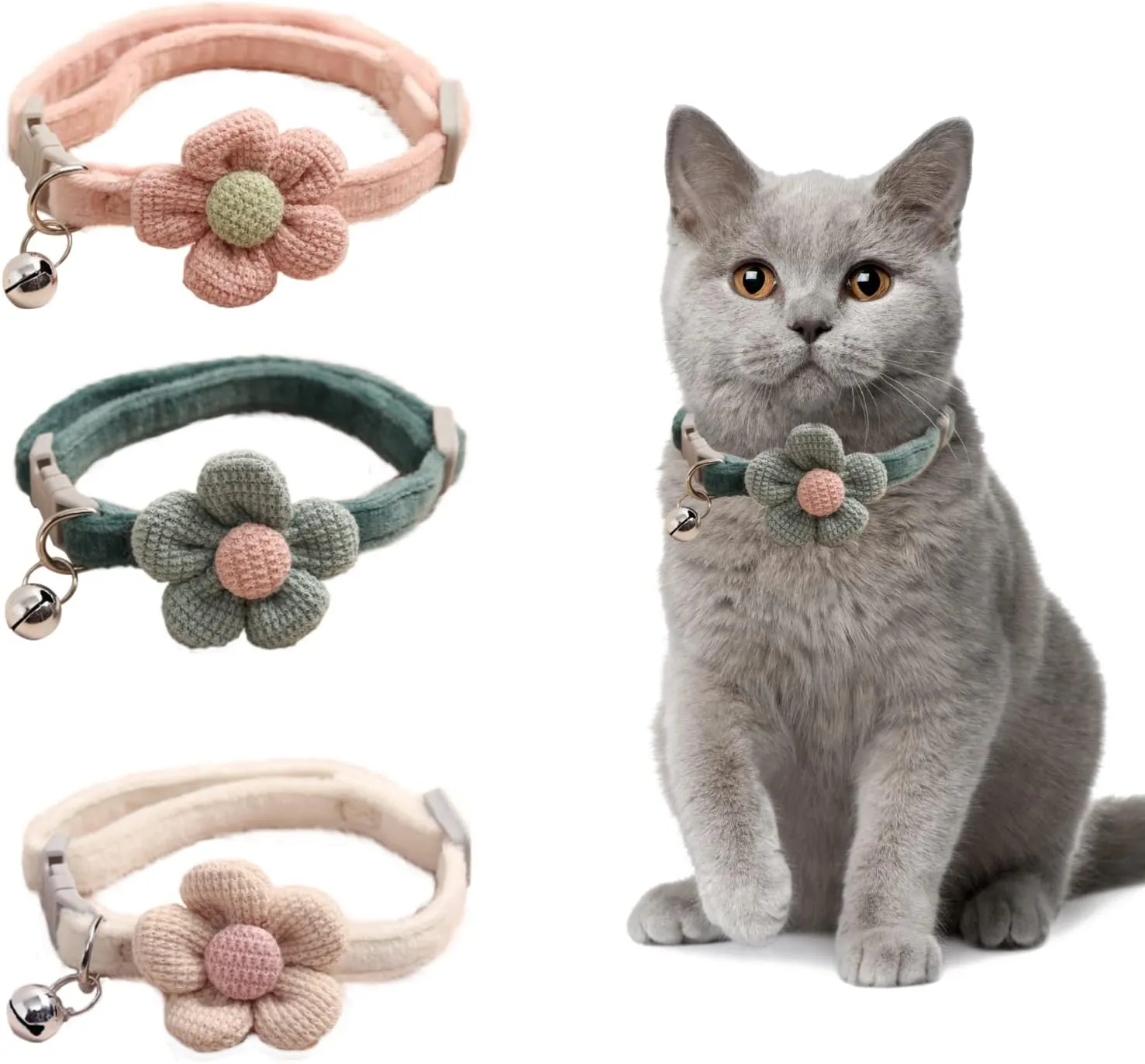 3 PCS Kitten Collar with Bell Cat Collar with Flower Charms Adjustable Suede Cute Cat Collar for Puppy or Cat (Pink, White, Green)