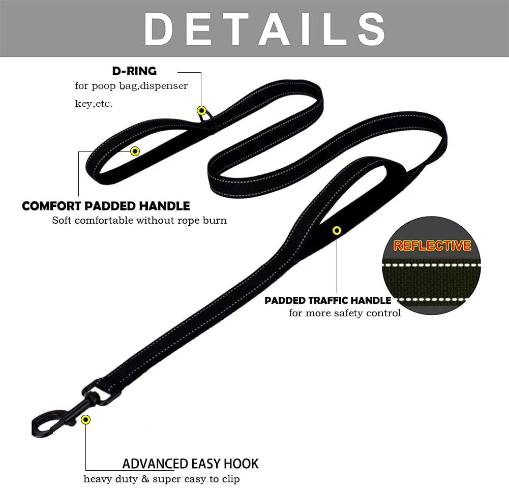 3M Reflective Dog Leash 5ft Long with Traffic Padded Handle, Dog Training Leash Heavy Duty,Double Handle Lead for Large or Medium Dog Black