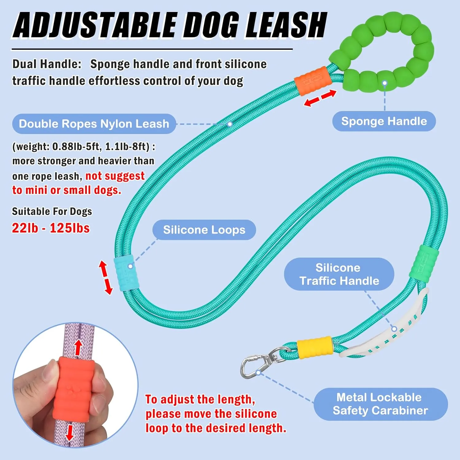 5FT Heavy Duty Dog Leash for Medium & Large Dogs - 2 Comfortable Traffic/Padded Handles, Hands-Free Hip/Waist/Crossbody Design, Ideal for Walking, Running, Training, Jogging