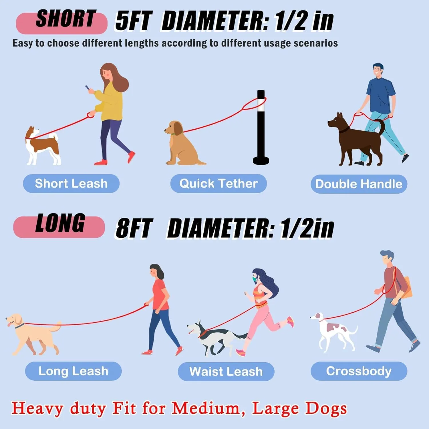 5FT Heavy Duty Dog Leash for Medium & Large Dogs - 2 Comfortable Traffic/Padded Handles, Hands-Free Hip/Waist/Crossbody Design, Ideal for Walking, Running, Training, Jogging