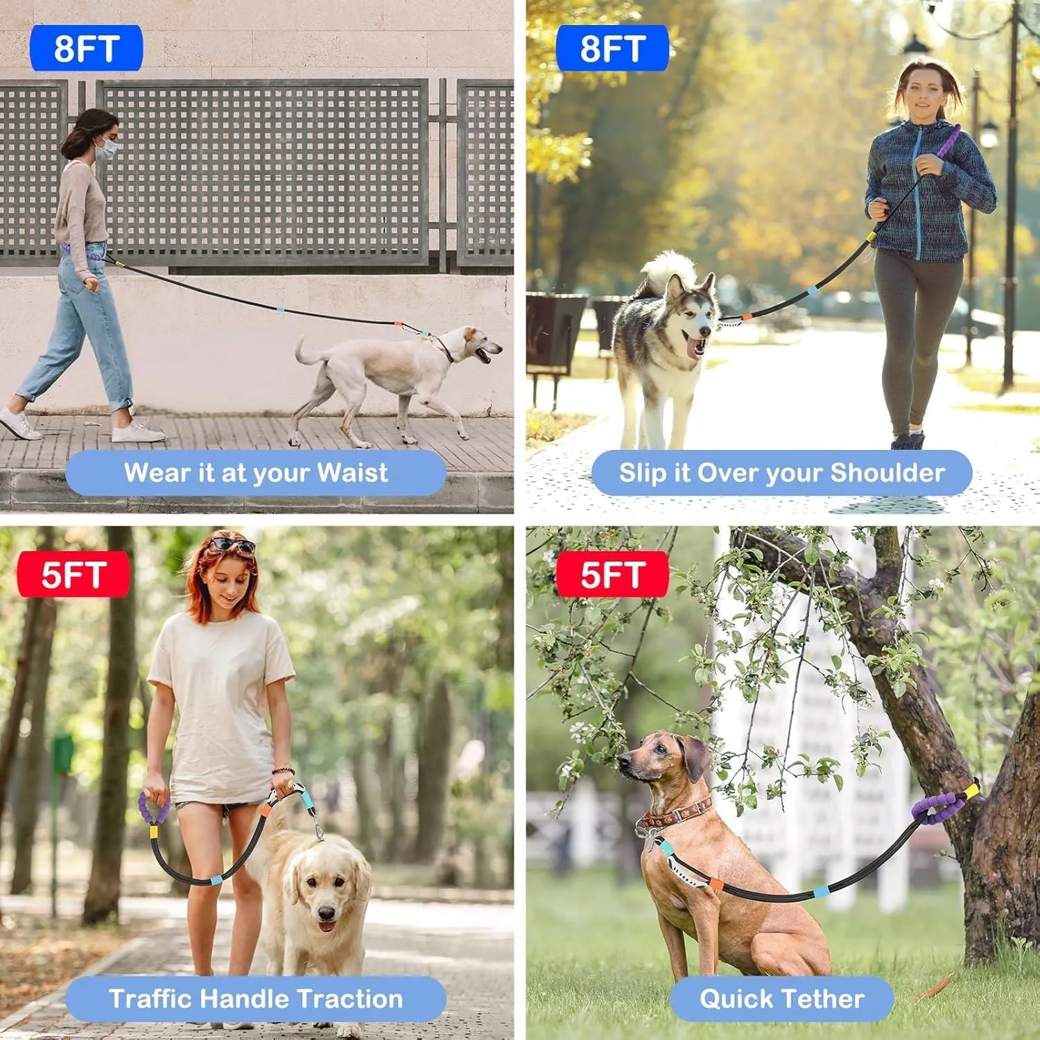 5FT Heavy Duty Dog Leash for Medium & Large Dogs - 2 Comfortable Traffic/Padded Handles, Hands-Free Hip/Waist/Crossbody Design, Ideal for Walking, Running, Training, Jogging