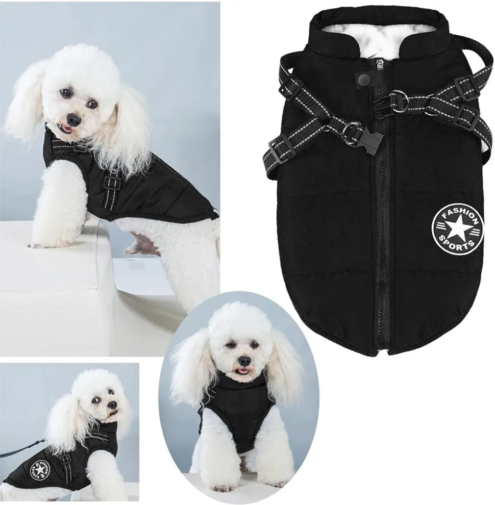 Aiboria Dog Coat for Winter Waterproof Dogs Jackets Windproof Fleece Small Dog Vest Harness Winter Warm Dog Jacket Padded Pet Black S