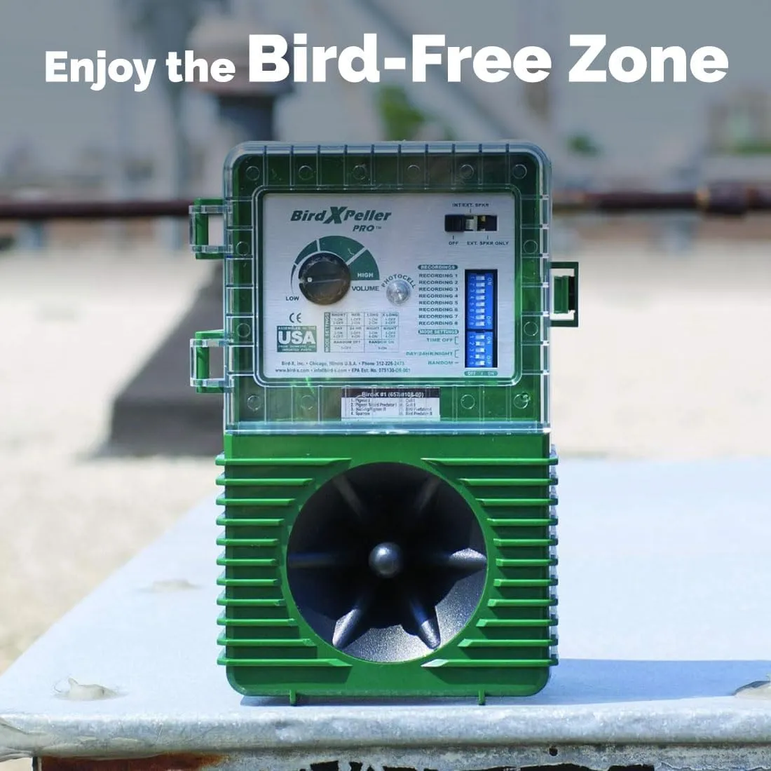 Bird-X BirdXPeller Pro Electronic Bird Preventer Version 2, Sonic Bird Decoy Device, Perfect for Crows, Blackbirds, Grackles, Cormorants, and Ravens, Covers up to 1 Acre, 3-5 kHz Frequency