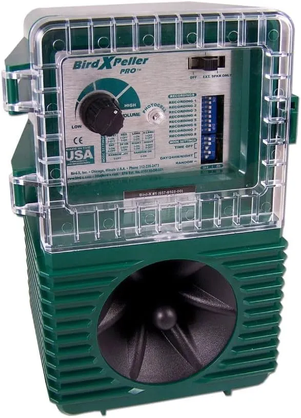 Bird-X BirdXPeller Pro Electronic Bird Preventer Version 2, Sonic Bird Decoy Device, Perfect for Crows, Blackbirds, Grackles, Cormorants, and Ravens, Covers up to 1 Acre, 3-5 kHz Frequency