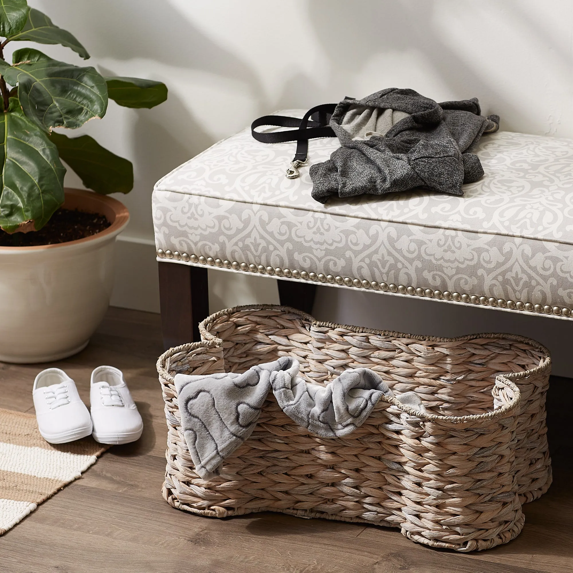Bone Dry Hyacinth Pet Storage Basket, Bone Shaped, White Wash, Large - 24x15x9"