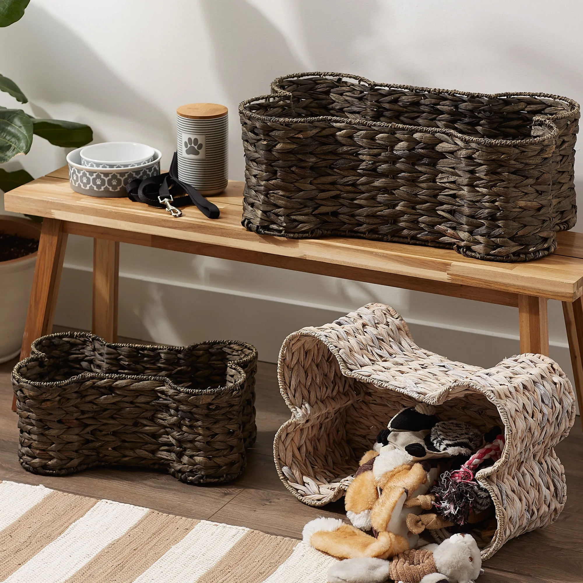 Bone Dry Hyacinth Pet Storage Basket, Bone Shaped, White Wash, Large - 24x15x9"