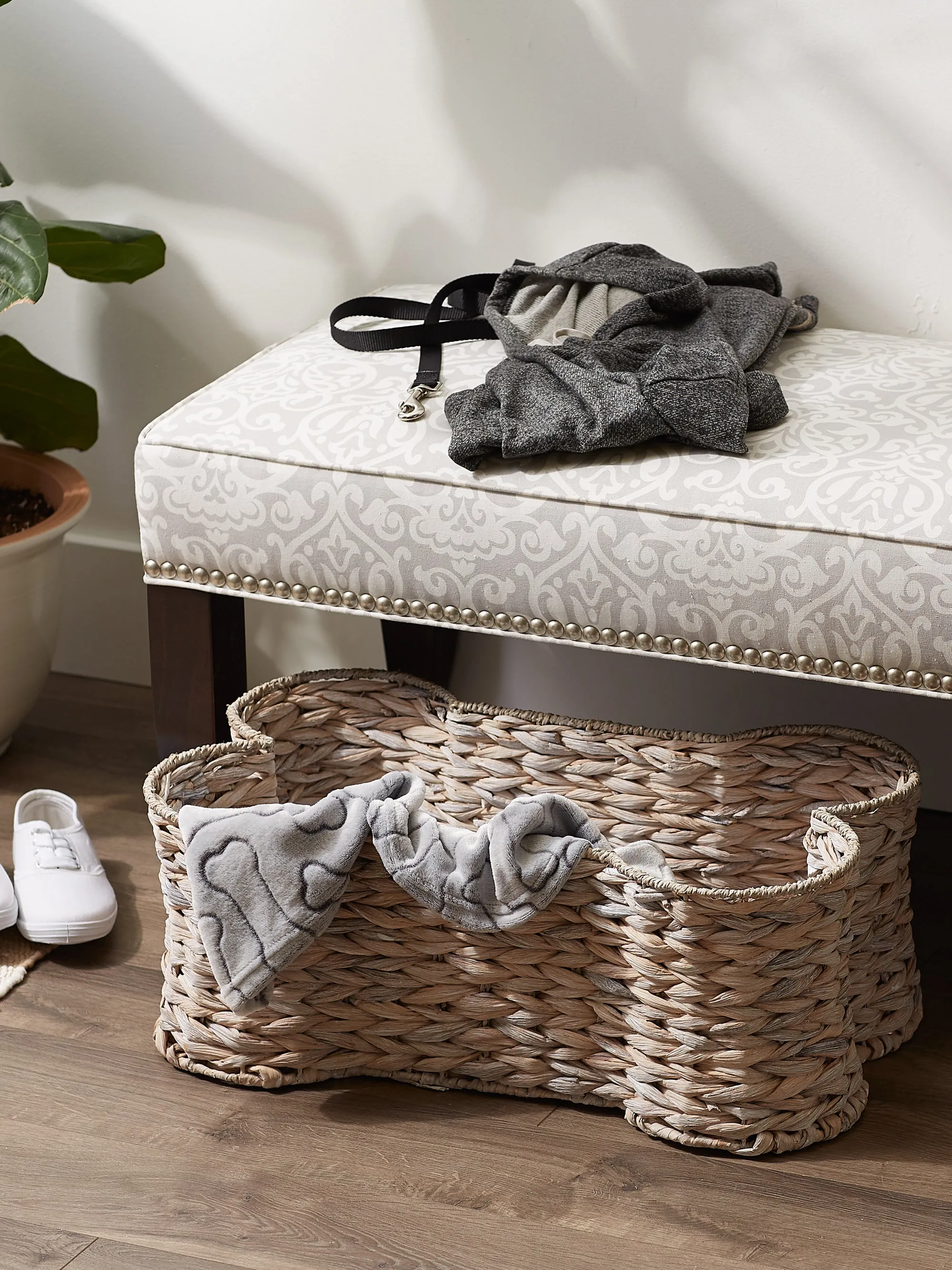 Bone Dry Hyacinth Pet Storage Basket, Bone Shaped, White Wash, Large - 24x15x9"
