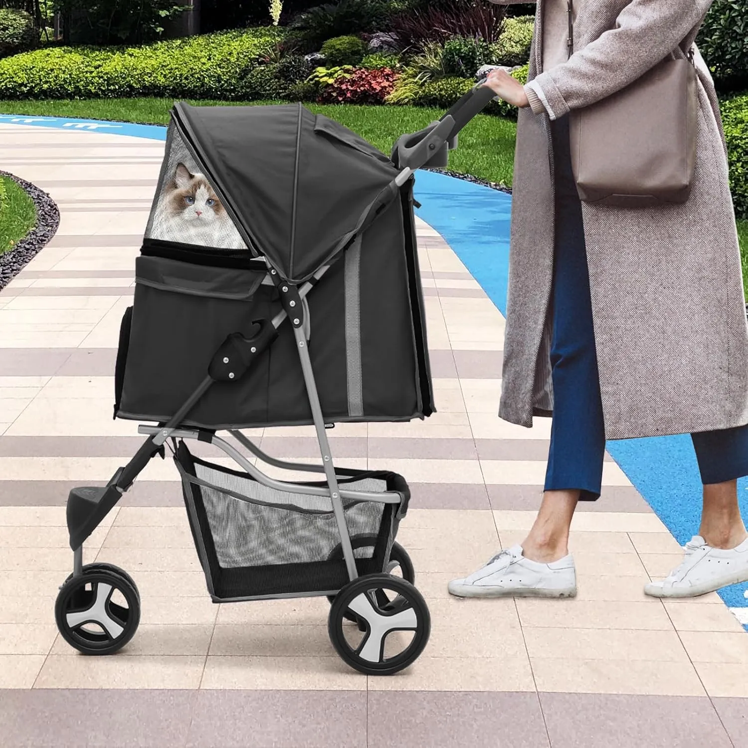 Cat Dog Stroller,3-Wheels Pet Stroller for Medium/Puppy Dogs 30 Lbs, Cat Strollers for 1 Cats, Foldable Dog Stroller with Storage Basket and Cup Holder, Breathable Mesh Black