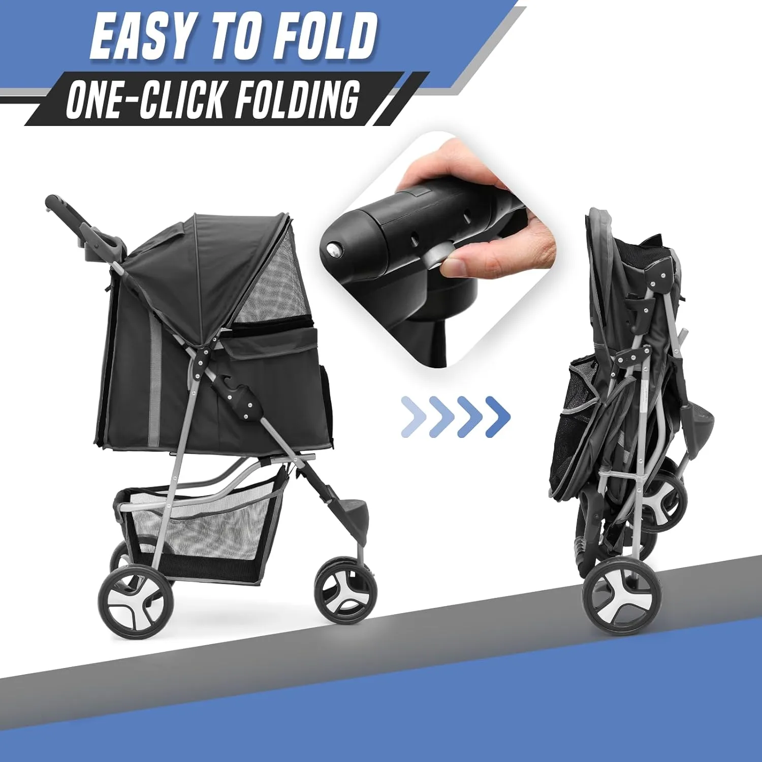 Cat Dog Stroller,3-Wheels Pet Stroller for Medium/Puppy Dogs 30 Lbs, Cat Strollers for 1 Cats, Foldable Dog Stroller with Storage Basket and Cup Holder, Breathable Mesh Black