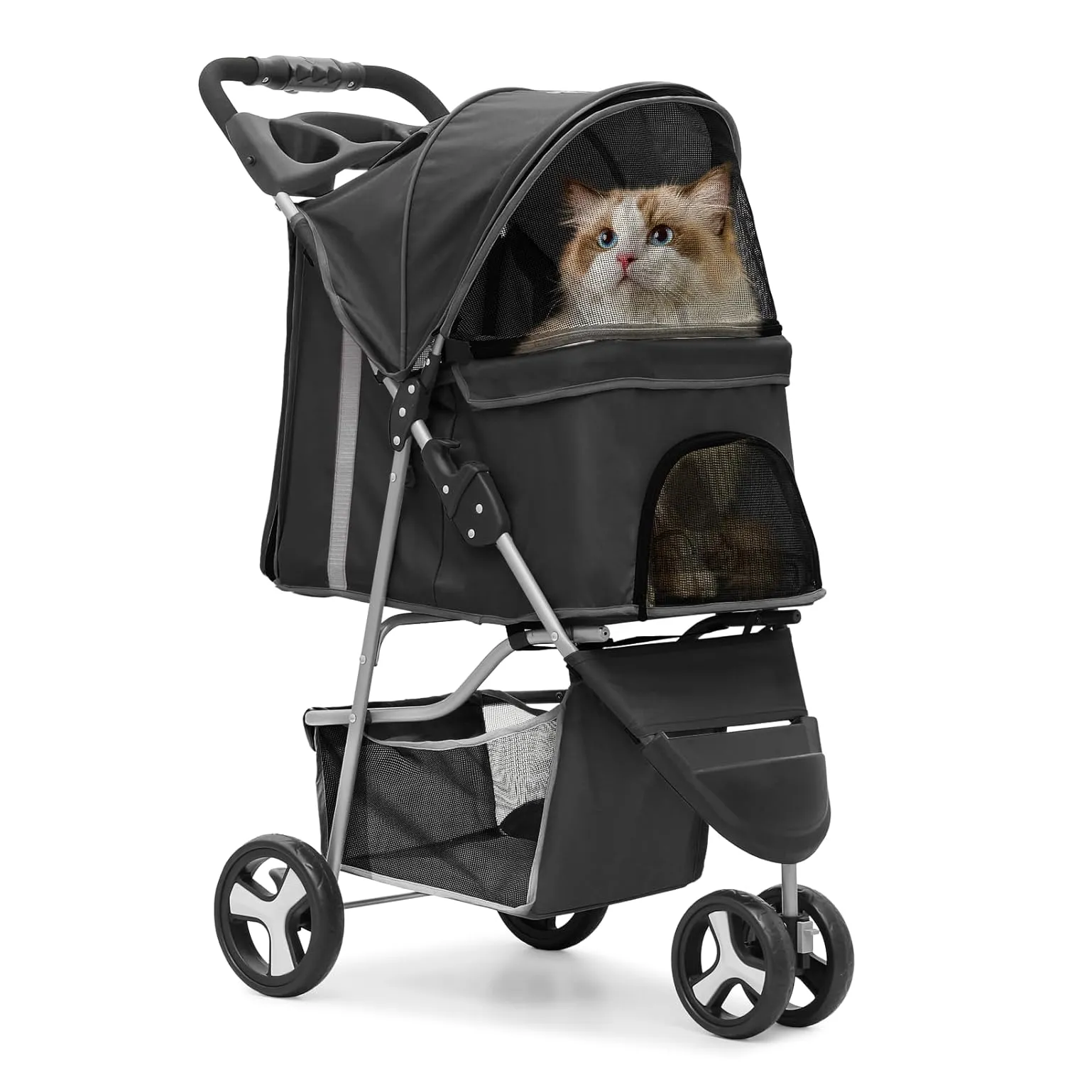 Cat Dog Stroller,3-Wheels Pet Stroller for Medium/Puppy Dogs 30 Lbs, Cat Strollers for 1 Cats, Foldable Dog Stroller with Storage Basket and Cup Holder, Breathable Mesh Black