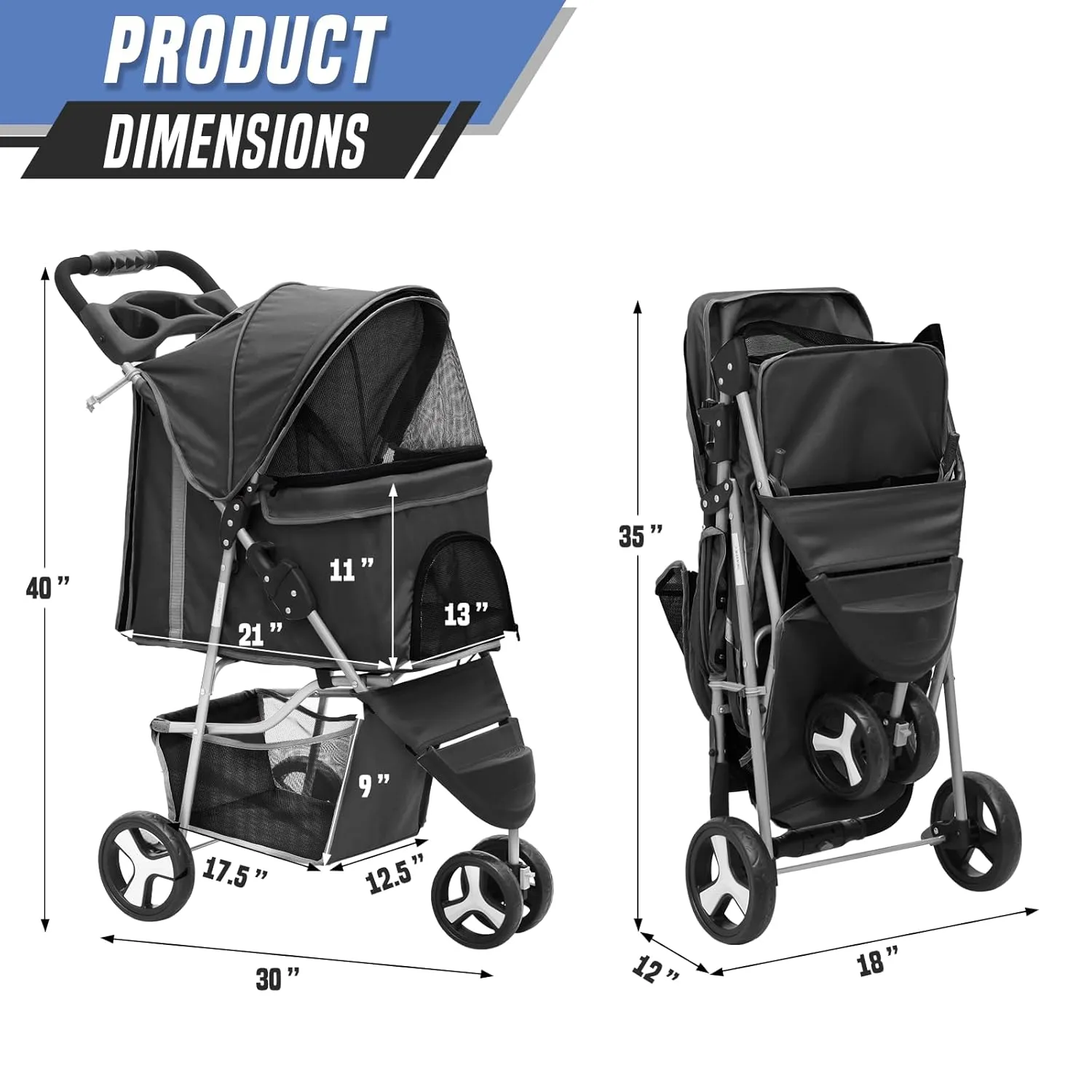 Cat Dog Stroller,3-Wheels Pet Stroller for Medium/Puppy Dogs 30 Lbs, Cat Strollers for 1 Cats, Foldable Dog Stroller with Storage Basket and Cup Holder, Breathable Mesh Black