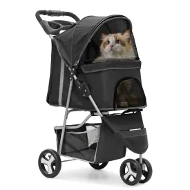 Cat Dog Stroller,3-Wheels Pet Stroller for Medium/Puppy Dogs 30 Lbs, Cat Strollers for 1 Cats, Foldable Dog Stroller with Storage Basket and Cup Holder, Breathable Mesh Black