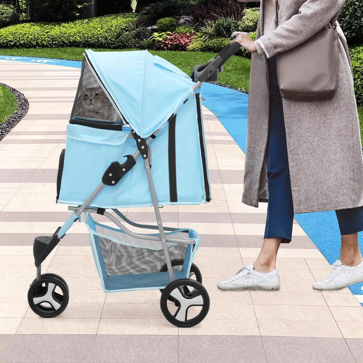 Cat Dog Stroller,3-Wheels Pet Stroller for Medium/Puppy Dogs 30 Lbs, Cat Strollers for 1 Cats, Foldable Dog Stroller with Storage Basket and Cup Holder, Breathable Mesh Mint