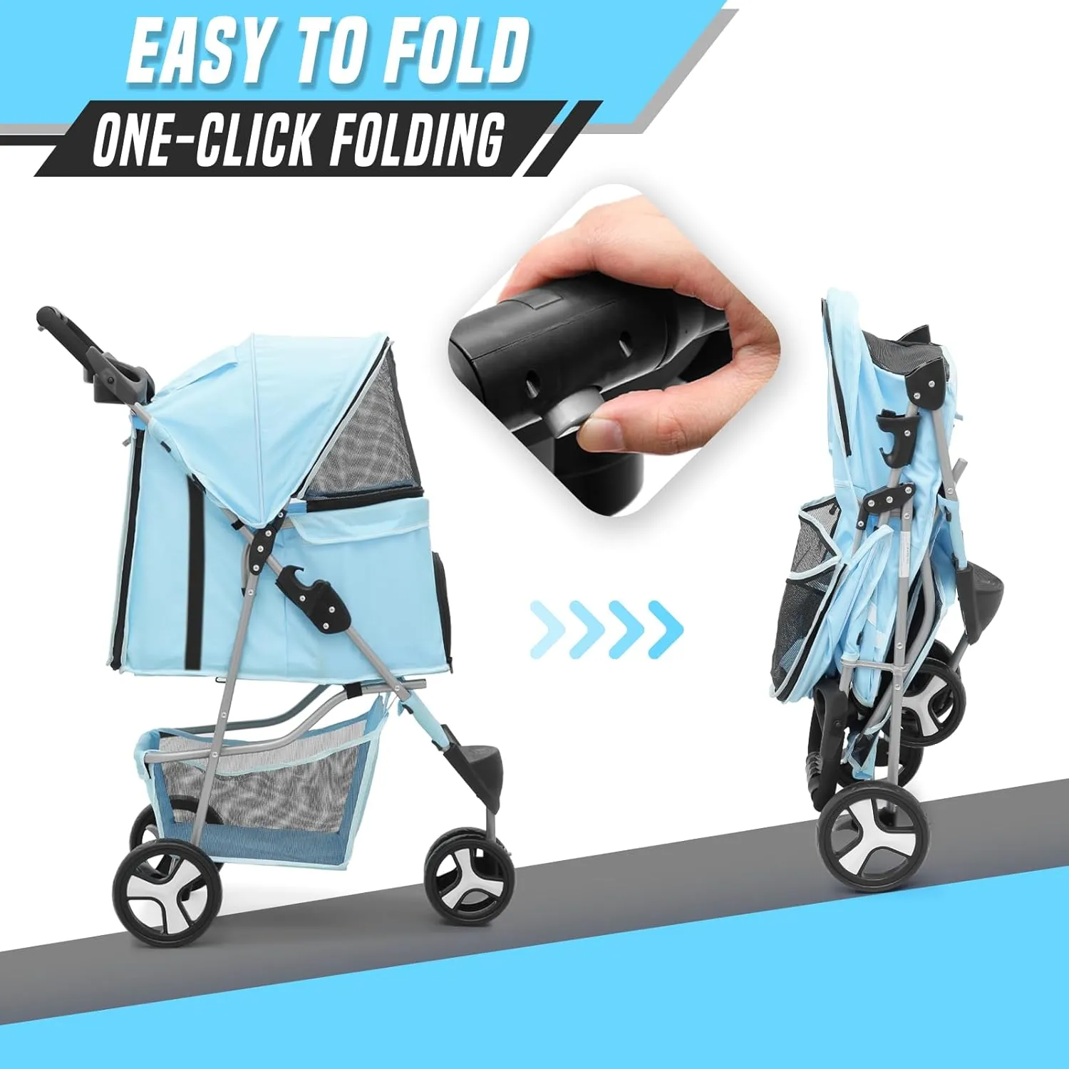Cat Dog Stroller,3-Wheels Pet Stroller for Medium/Puppy Dogs 30 Lbs, Cat Strollers for 1 Cats, Foldable Dog Stroller with Storage Basket and Cup Holder, Breathable Mesh Mint