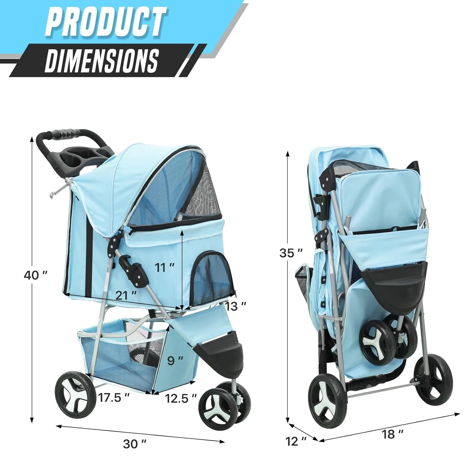 Cat Dog Stroller,3-Wheels Pet Stroller for Medium/Puppy Dogs 30 Lbs, Cat Strollers for 1 Cats, Foldable Dog Stroller with Storage Basket and Cup Holder, Breathable Mesh Mint