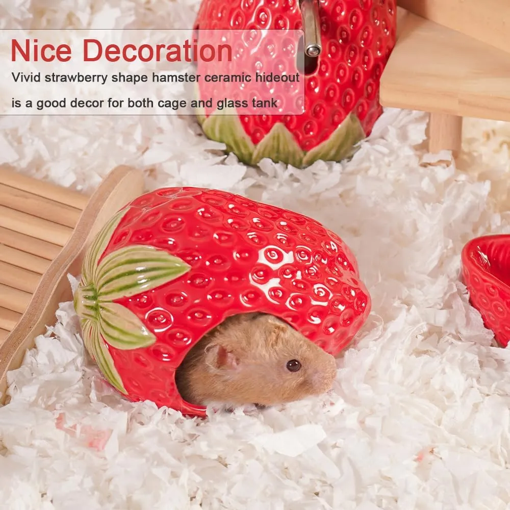 Ceramic Hamster Hideout, Strawberry Hamster House and Habitat, Syrian Hamster Hideout Decor Cool Bed for All Season Gerbil, Mice Guinea Pig