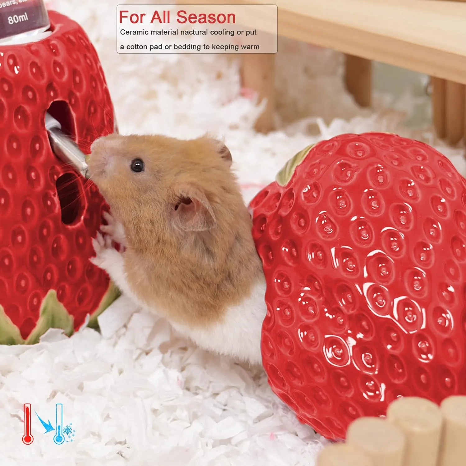 Ceramic Hamster Hideout, Strawberry Hamster House and Habitat, Syrian Hamster Hideout Decor Cool Bed for All Season Gerbil, Mice Guinea Pig