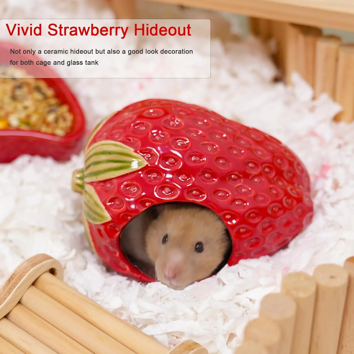 Ceramic Hamster Hideout, Strawberry Hamster House and Habitat, Syrian Hamster Hideout Decor Cool Bed for All Season Gerbil, Mice Guinea Pig