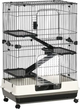 Chinchilla Rodent Guinea Pig Cage on Wheels - 3 Tier, Ramps, 2 Doors   Hatch, Removable Waste Tray - Metal PP Black Grey