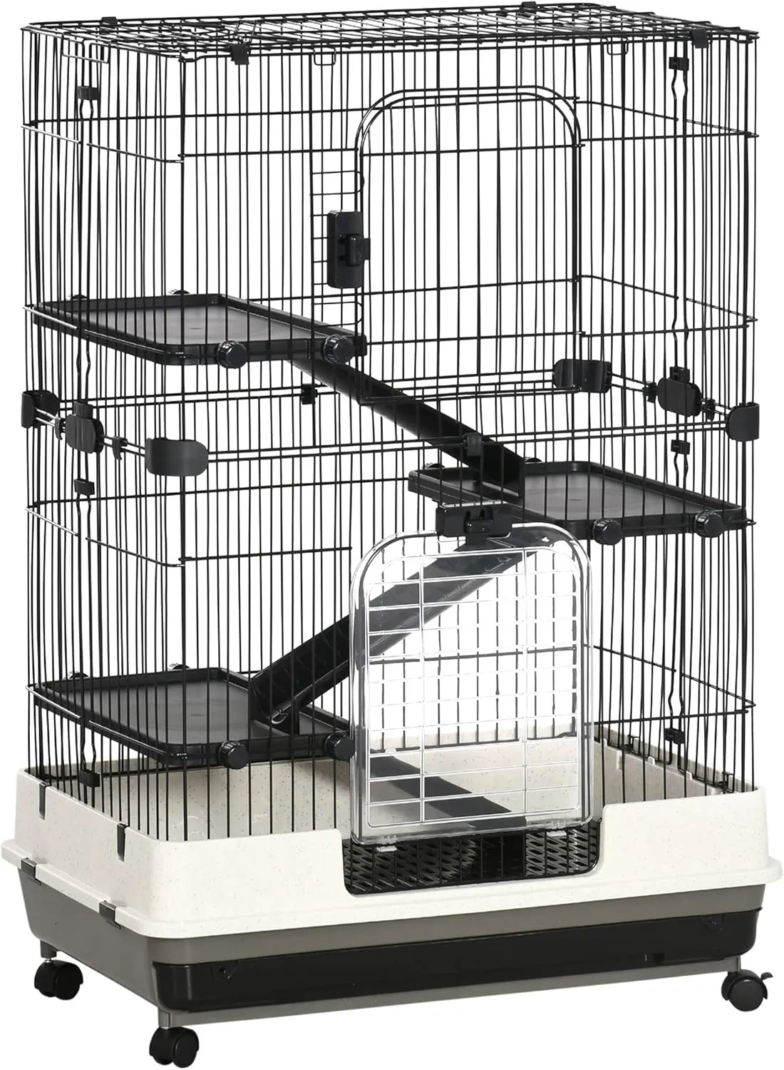 Chinchilla Rodent Guinea Pig Cage on Wheels - 3 Tier, Ramps, 2 Doors   Hatch, Removable Waste Tray - Metal PP Black Grey