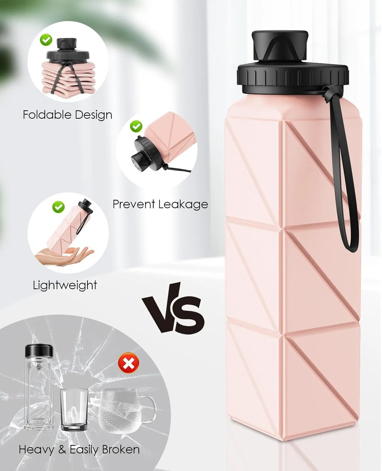 Collapsible Water Bottles, BPA-Free Leak-Proof Silicone Foldable Water Bottle Cup, Durable Lightweight Bottle for Gym Travel Camping Hiking Running Sport,2Pack(Gray Pink)