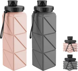 Collapsible Water Bottles, BPA-Free Leak-Proof Silicone Foldable Water Bottle Cup, Durable Lightweight Bottle for Gym Travel Camping Hiking Running Sport,2Pack(Gray Pink)