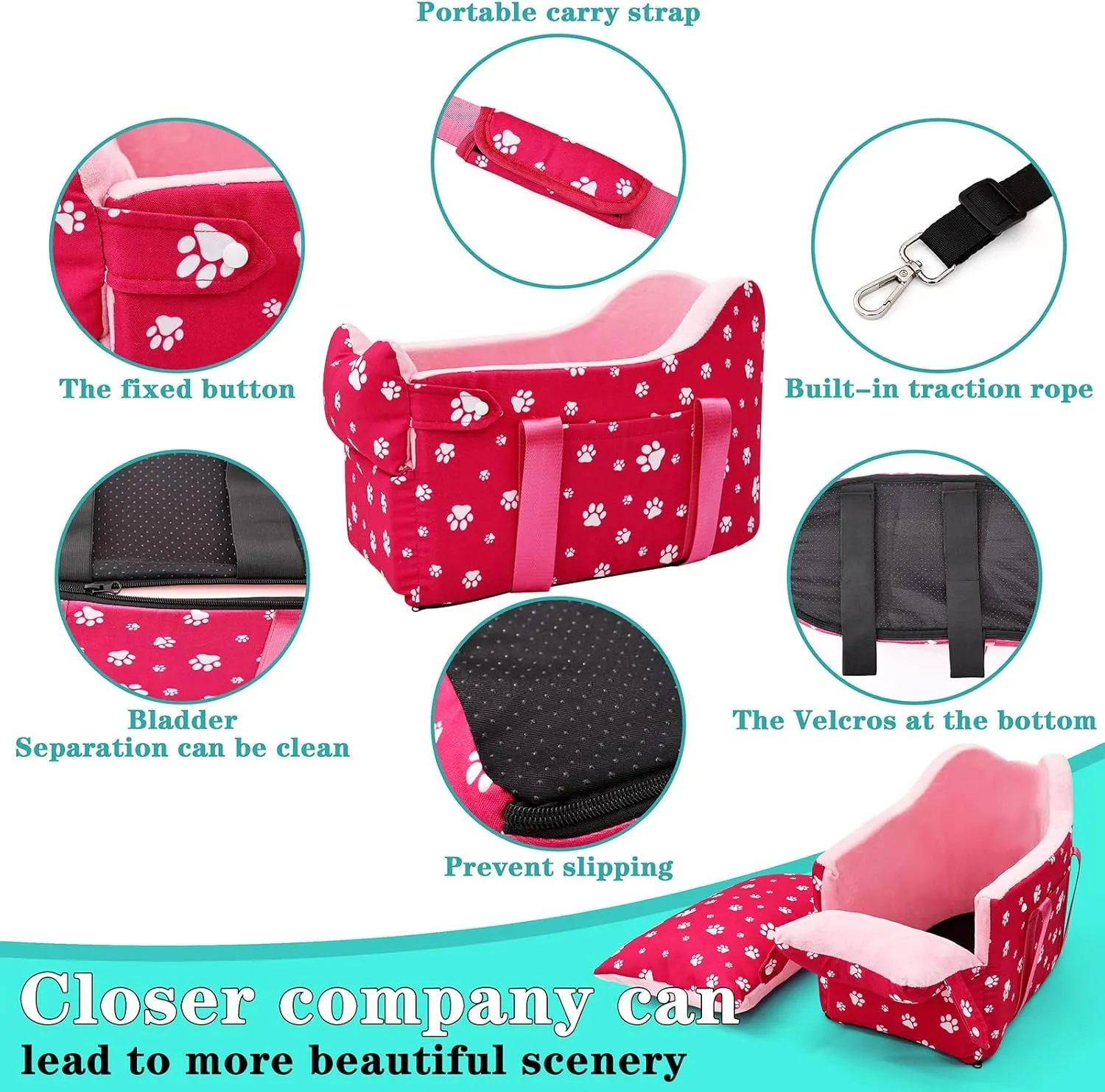 Cullaby Center Console Dog Car Seat for Small Dogs Under 15 lbs  Detachable Washable Dog Carrier, Pet Car Seat Travel Seats with Storage Pockets and Dog Safety BeltPink