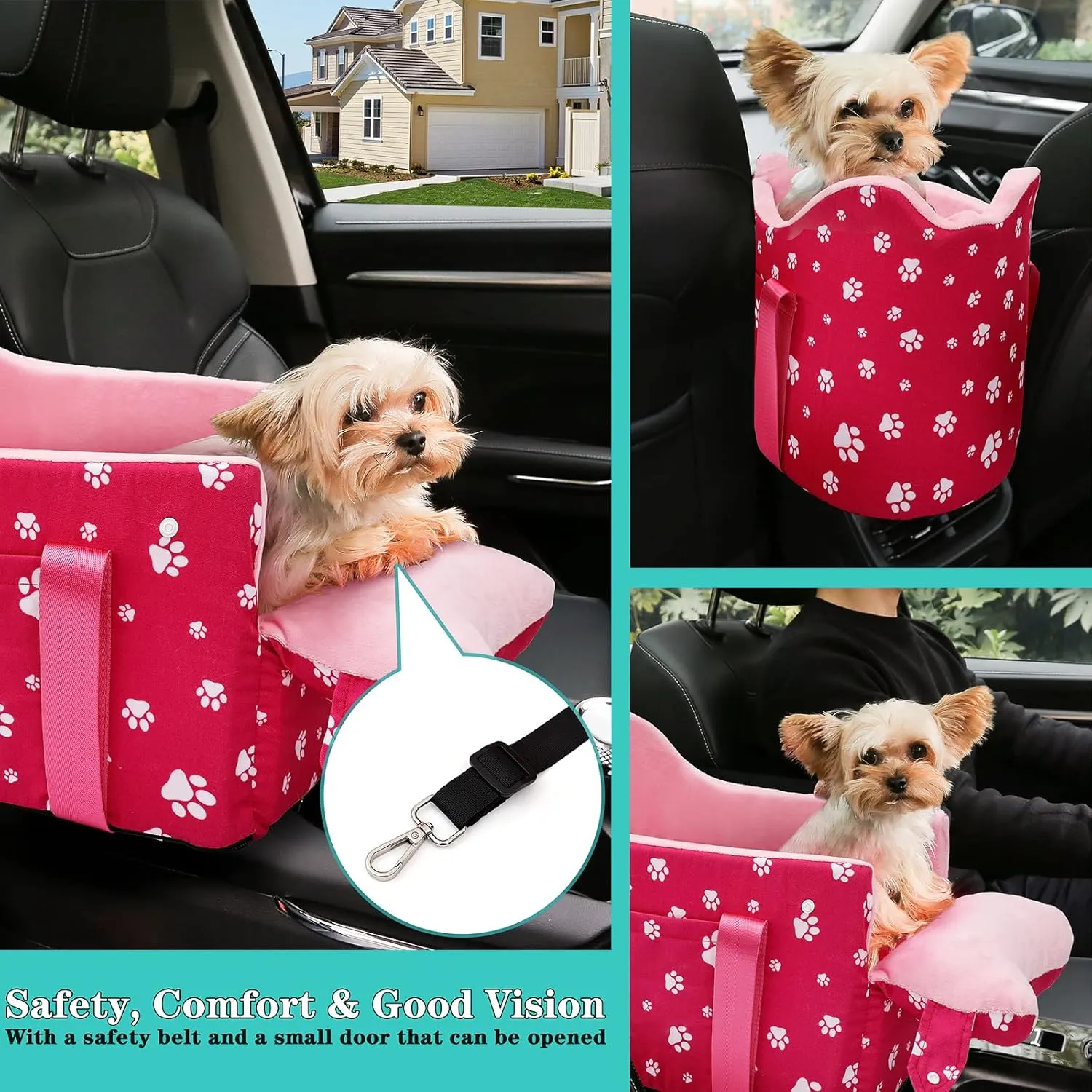 Cullaby Center Console Dog Car Seat for Small Dogs Under 15 lbs  Detachable Washable Dog Carrier, Pet Car Seat Travel Seats with Storage Pockets and Dog Safety BeltPink