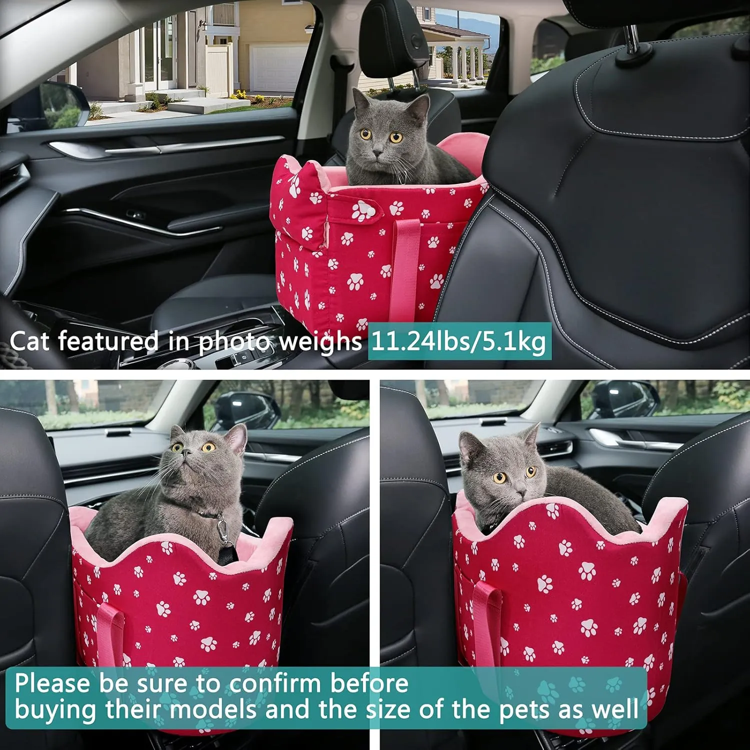 Cullaby Center Console Dog Car Seat for Small Dogs Under 15 lbs  Detachable Washable Dog Carrier, Pet Car Seat Travel Seats with Storage Pockets and Dog Safety BeltPink