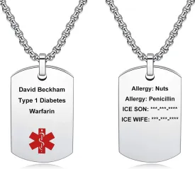 Customized Medical Alert Necklace, Stainless Steel Medical Alert Necklace for Men Women, Personalized Medical Dog Tags Allergy Alert Identification Necklace, Free Engraving, 20/22/24 Inch Chain
