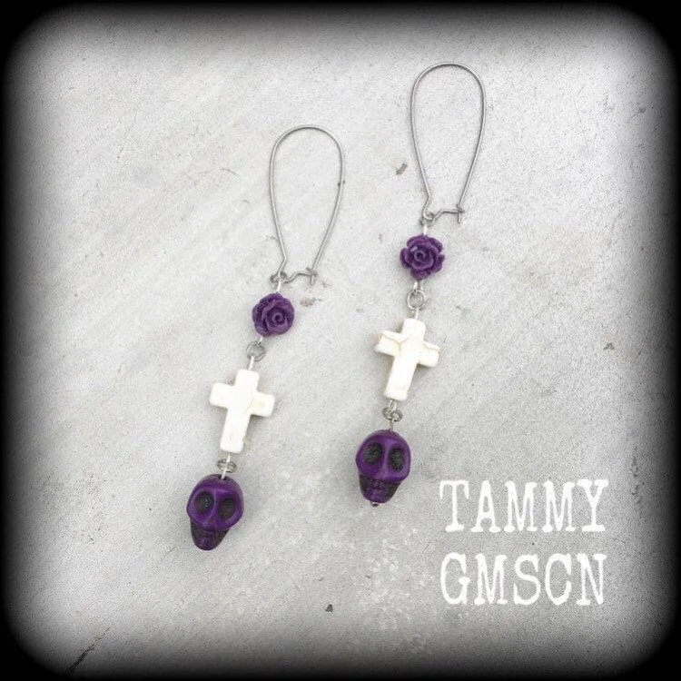 Day of the Dead earrings Skull earrings Rose earrings Tunnel earrings Inverted Cross earrings Halloween jewelry Los Muertos jewelry Sangria