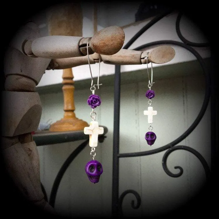 Day of the Dead earrings Skull earrings Rose earrings Tunnel earrings Inverted Cross earrings Halloween jewelry Los Muertos jewelry Sangria