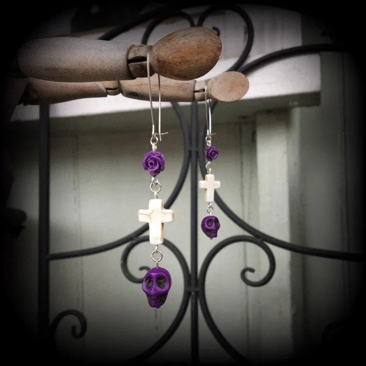 Day of the Dead earrings Skull earrings Rose earrings Tunnel earrings Inverted Cross earrings Halloween jewelry Los Muertos jewelry Sangria