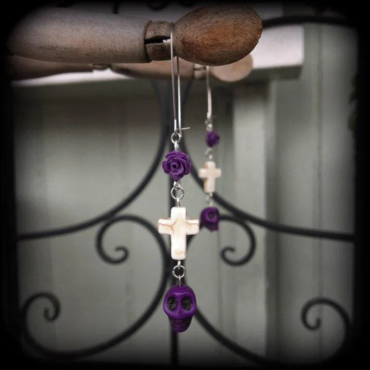 Day of the Dead earrings Skull earrings Rose earrings Tunnel earrings Inverted Cross earrings Halloween jewelry Los Muertos jewelry Sangria