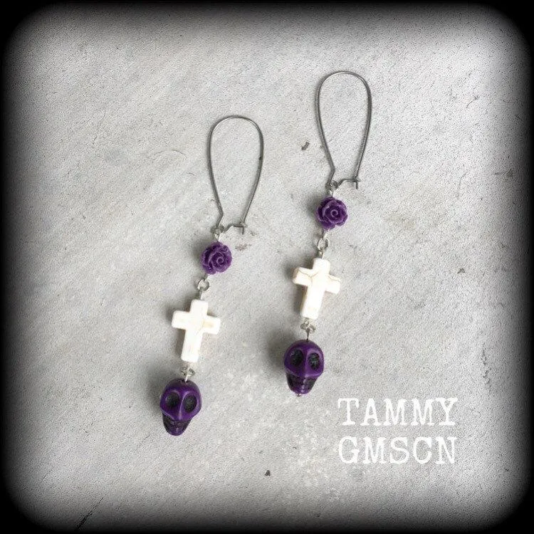 Day of the Dead earrings Skull earrings Rose earrings Tunnel earrings Inverted Cross earrings Halloween jewelry Los Muertos jewelry Sangria