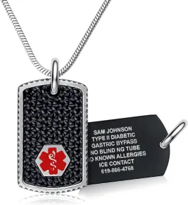 Divoti Medical Alert Necklace for Men and Women, Custom Engraved Black Dog Tag Medical ID Necklace