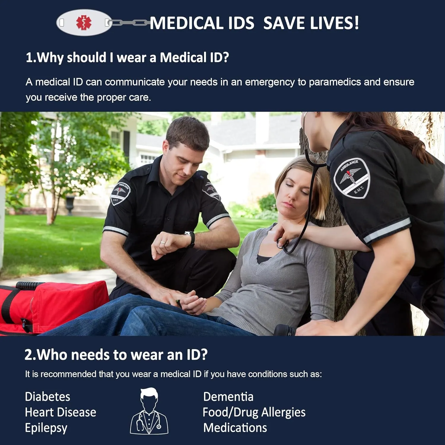 Divoti Medical Alert Necklace for Men and Women, Custom Engraved Black Dog Tag Medical ID Necklace