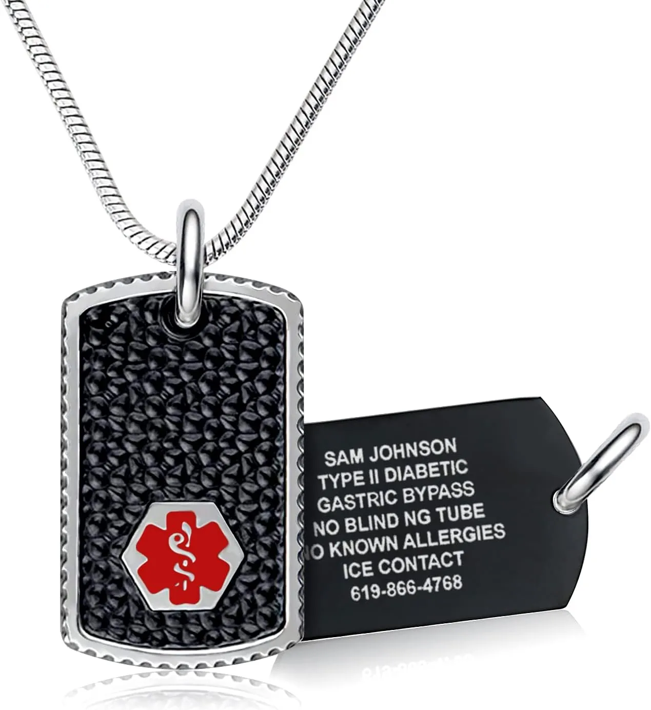 Divoti Medical Alert Necklace for Men and Women, Custom Engraved Black Dog Tag Medical ID Necklace