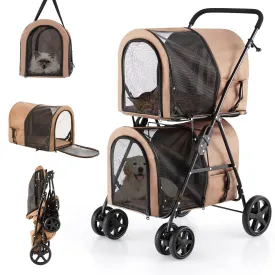 Dog Stroller for 2 Dogs, Cat Stroller, Double Layer Pet Carriers, Foldable Cat Carrier with Storage Pocket, Pet Travel Carrier with Universal Front Wheels and Lockable Rear Wheels, Beige