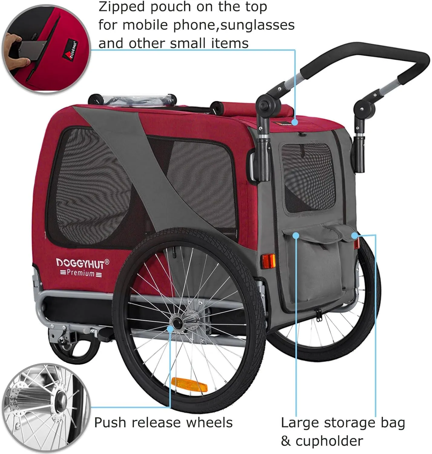 DOGGYHUT Premium Large/XL Pet Bike Trailer & Stroller for Large Sized Dog or Multiple Small Dogs,Low Center of Gravity,Parking Brakes,Easy Folding Frame,Bicycle Carrier