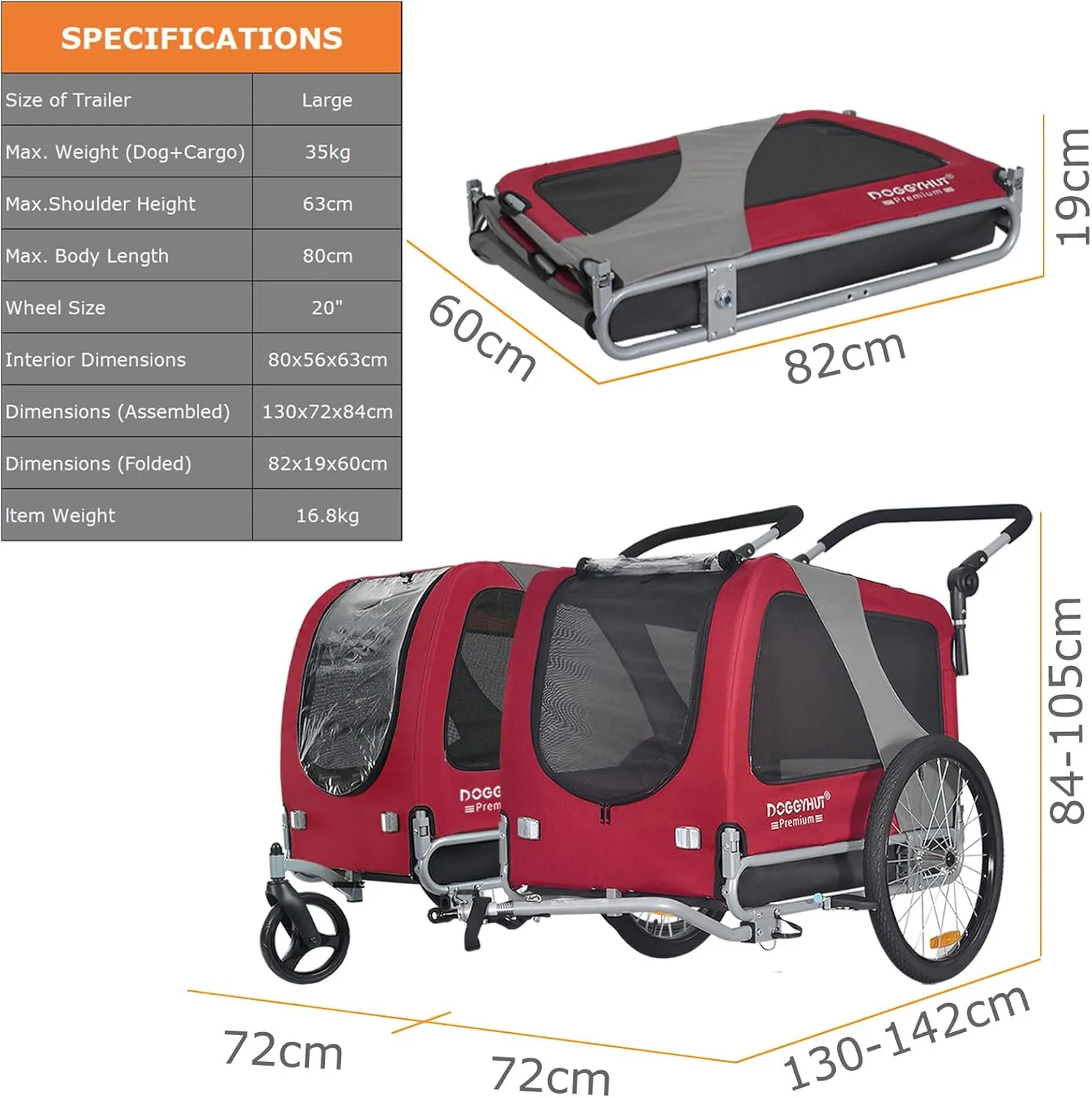 DOGGYHUT Premium Large/XL Pet Bike Trailer & Stroller for Large Sized Dog or Multiple Small Dogs,Low Center of Gravity,Parking Brakes,Easy Folding Frame,Bicycle Carrier