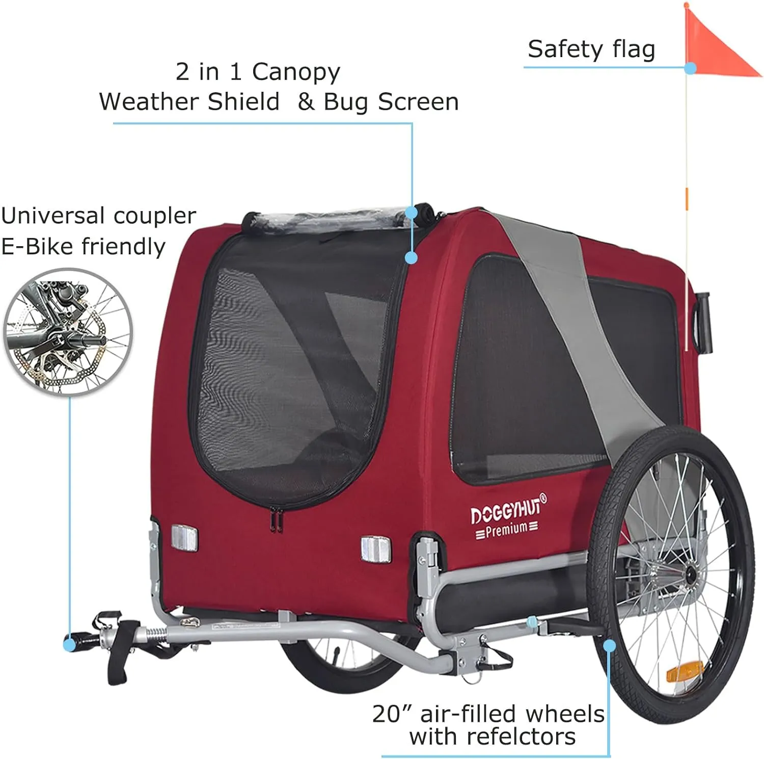 DOGGYHUT Premium Large/XL Pet Bike Trailer & Stroller for Large Sized Dog or Multiple Small Dogs,Low Center of Gravity,Parking Brakes,Easy Folding Frame,Bicycle Carrier
