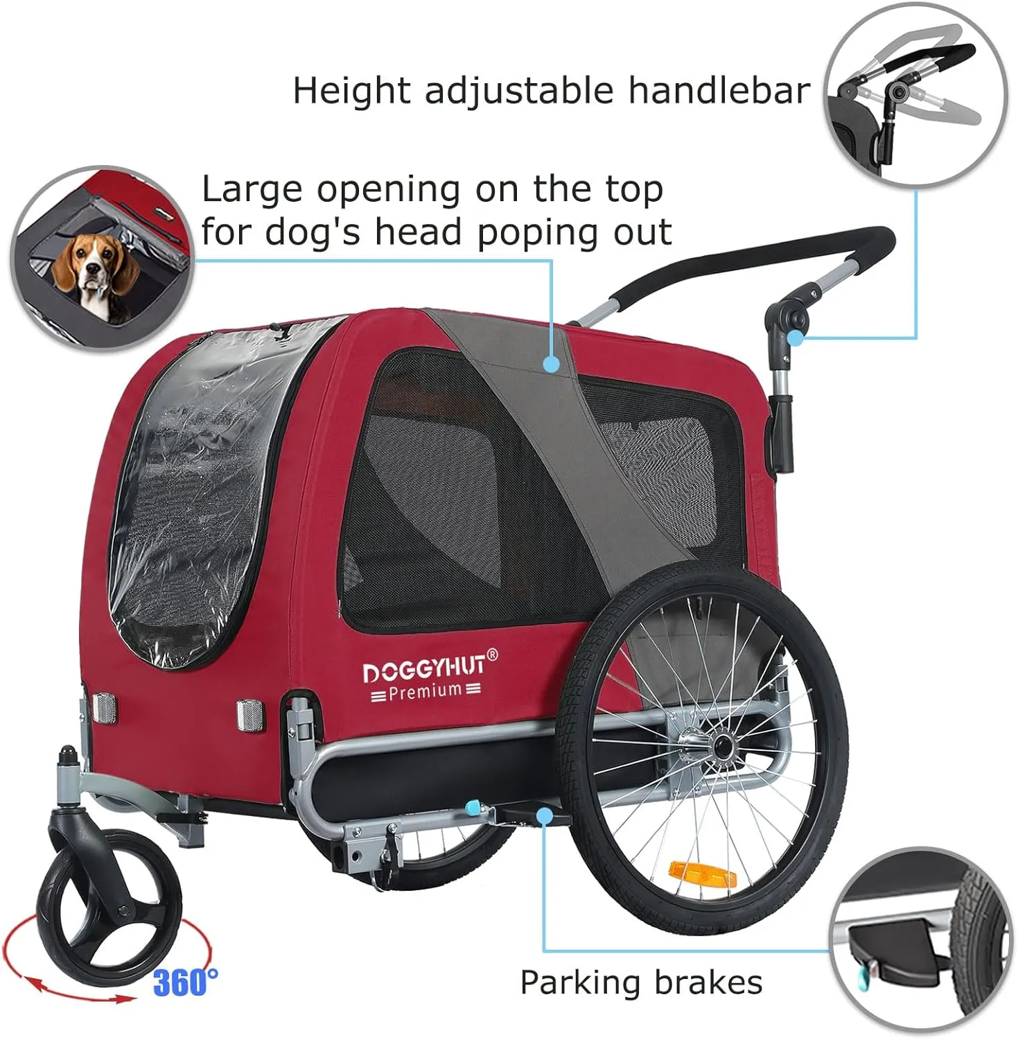 DOGGYHUT Premium Large/XL Pet Bike Trailer & Stroller for Large Sized Dog or Multiple Small Dogs,Low Center of Gravity,Parking Brakes,Easy Folding Frame,Bicycle Carrier