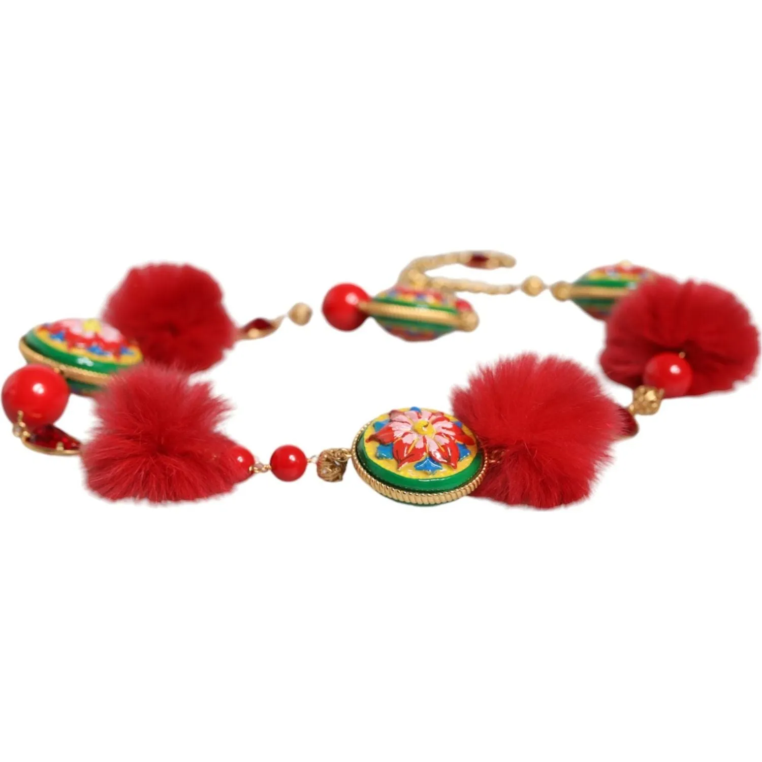 Dolce & Gabbana Gold Brass Red Fur Crystal Waist Torero Belt