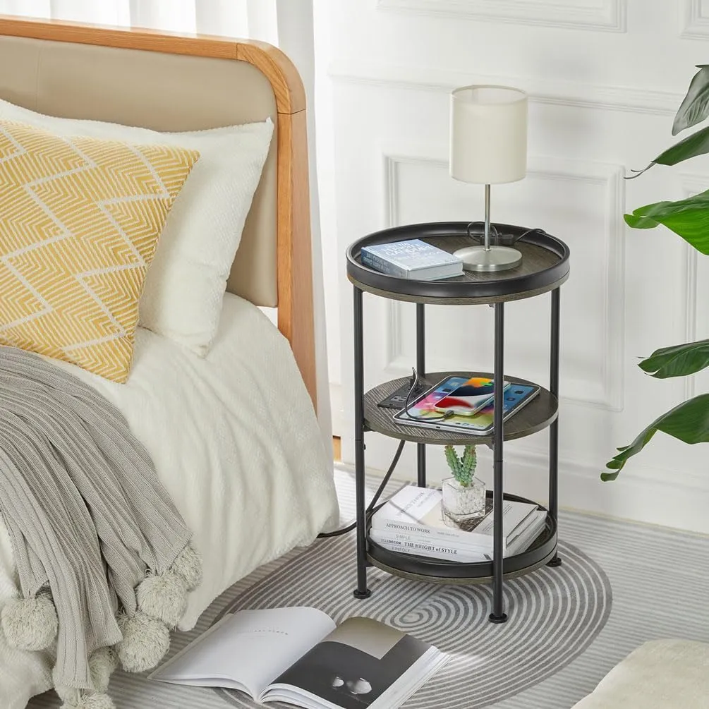 Dulcii Round Side Table with Charging Station, End Table with 3 Shelves for Living Room, Bedroom Nightstand with Steel Frame for Small Spaces, Industrial Round Sofa Table (USB Grey)